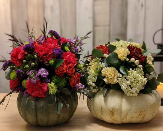 Fresh Flower arrangements on real pumpkins